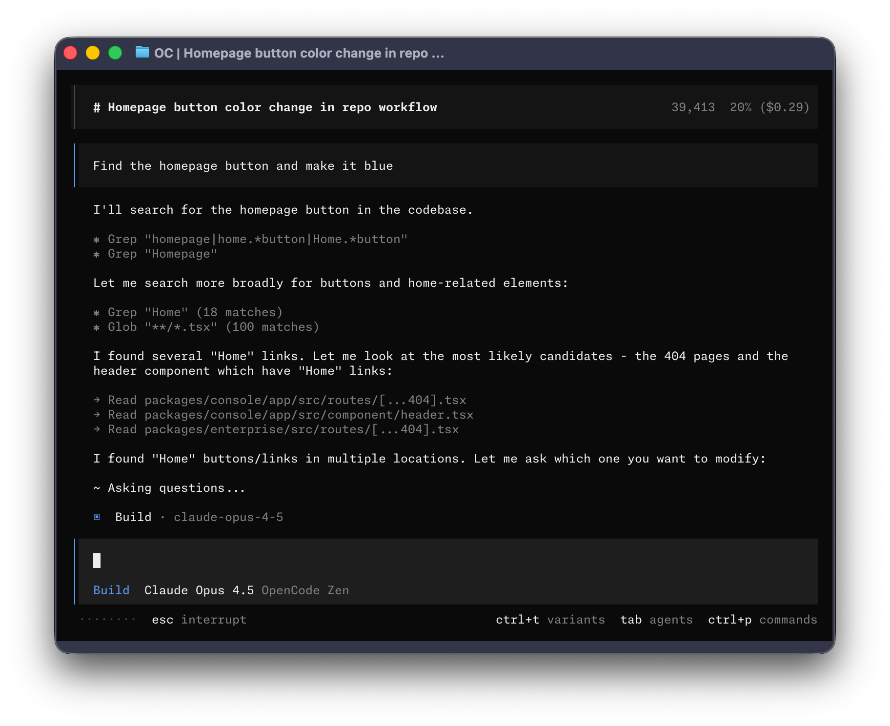 opencode TUI with the codetutor theme